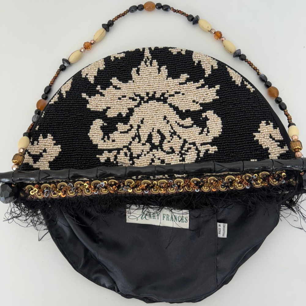 Mary Frances Fully Beaded Semi-Circle Clutch Bag Feather Trim Wood Handle - Picture 6 of 12